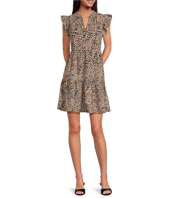 Skies Are Blue Leopard Print Split V-Neck Ruffle Cap Sleeves Shift Mini Dress Product Image