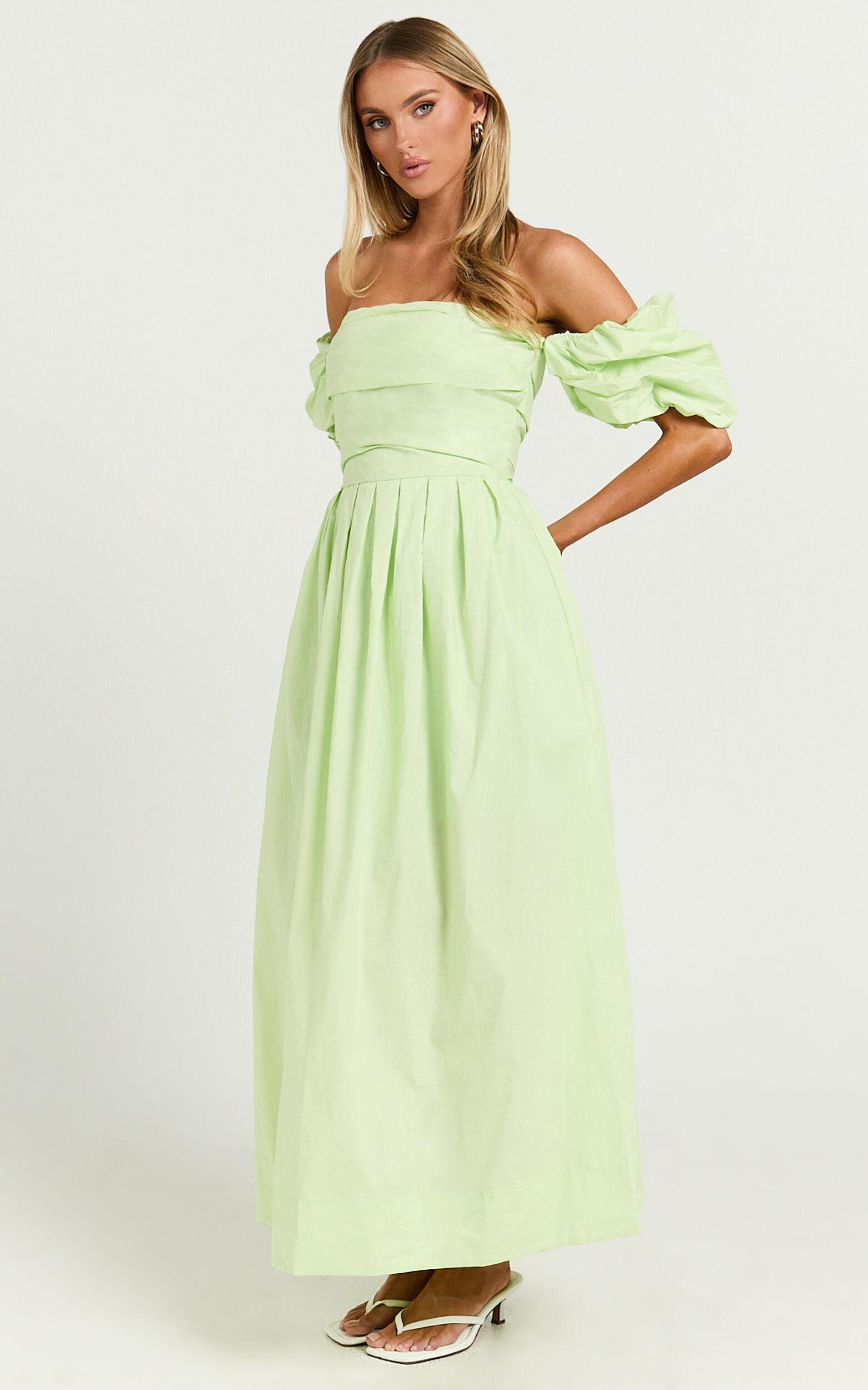 Annie Midi Dress - Off The Shoulder Ruffle Sleeve Pleated Dress in Lime Product Image