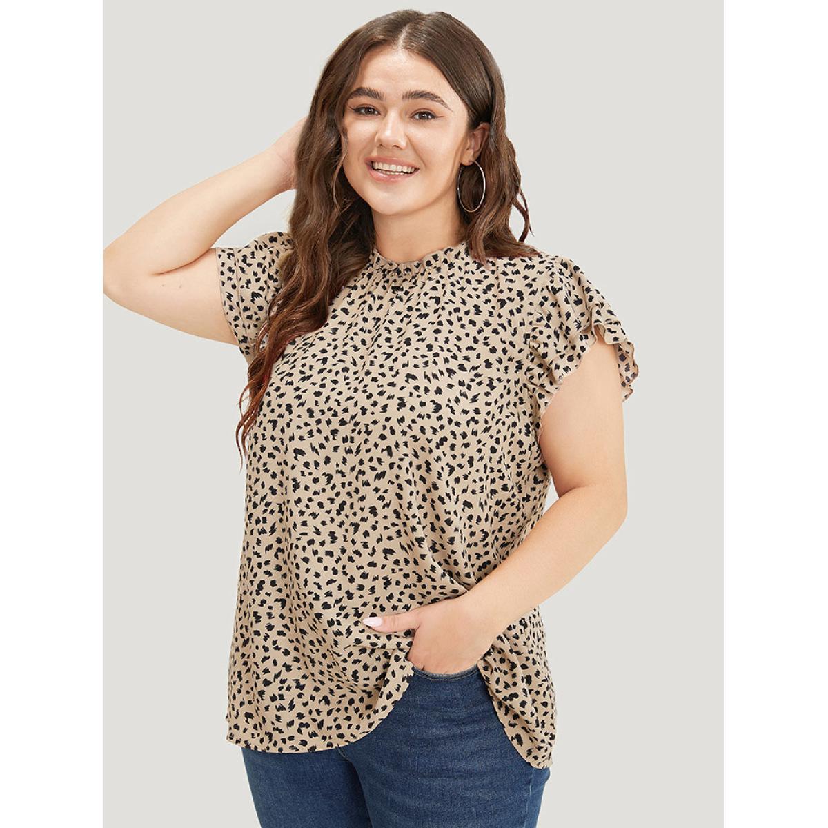 Plus Size Champagne Allover Print Mock Neck Ruffle Layered Sleeve Blouse Women Elegant Cap Sleeve Mock Neck Dailywear Blouses BloomChic 30/6X Product Image