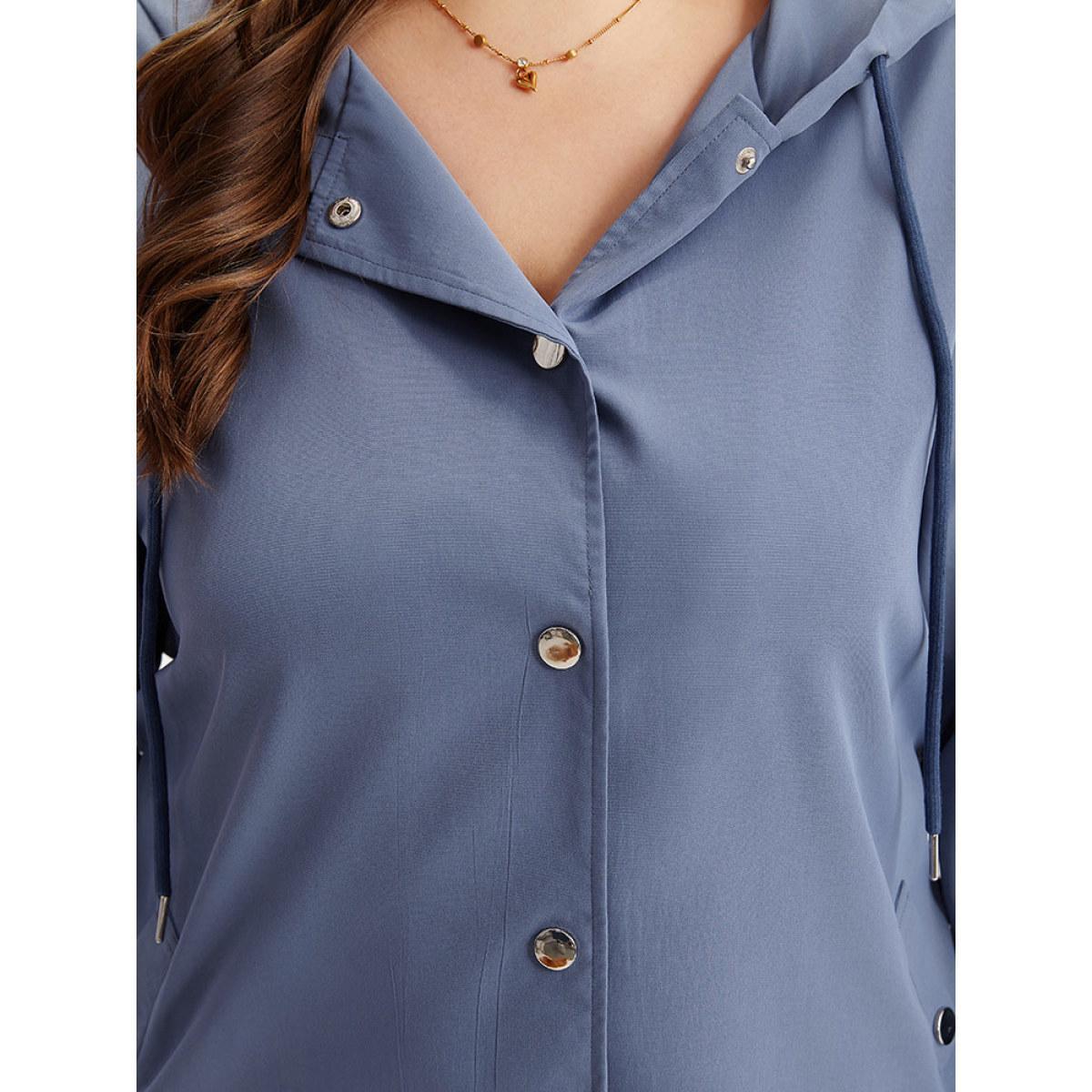 Plus Size Plain Button Detail Hooded Drawstring Coat Women DarkBlue Casual Plain Ladies Dailywear Winter Coats BloomChic 28/5X Product Image