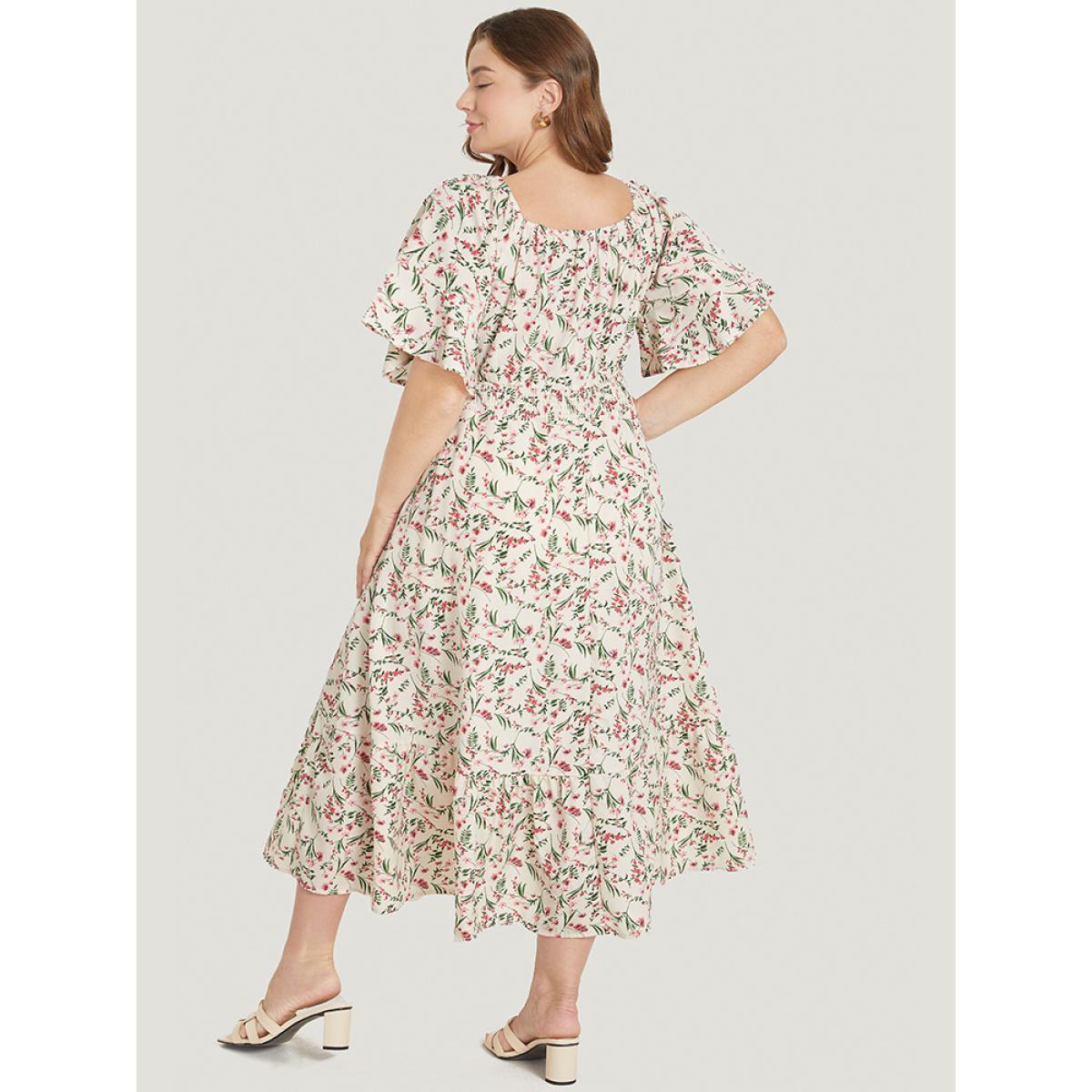 Plus Size Ditsy Floral Pocket Square Neck Shirred Ruffles Dress White Women Elegant Non Square Neck Short sleeve Curvy Midi Dress BloomChic 28/5X Product Image