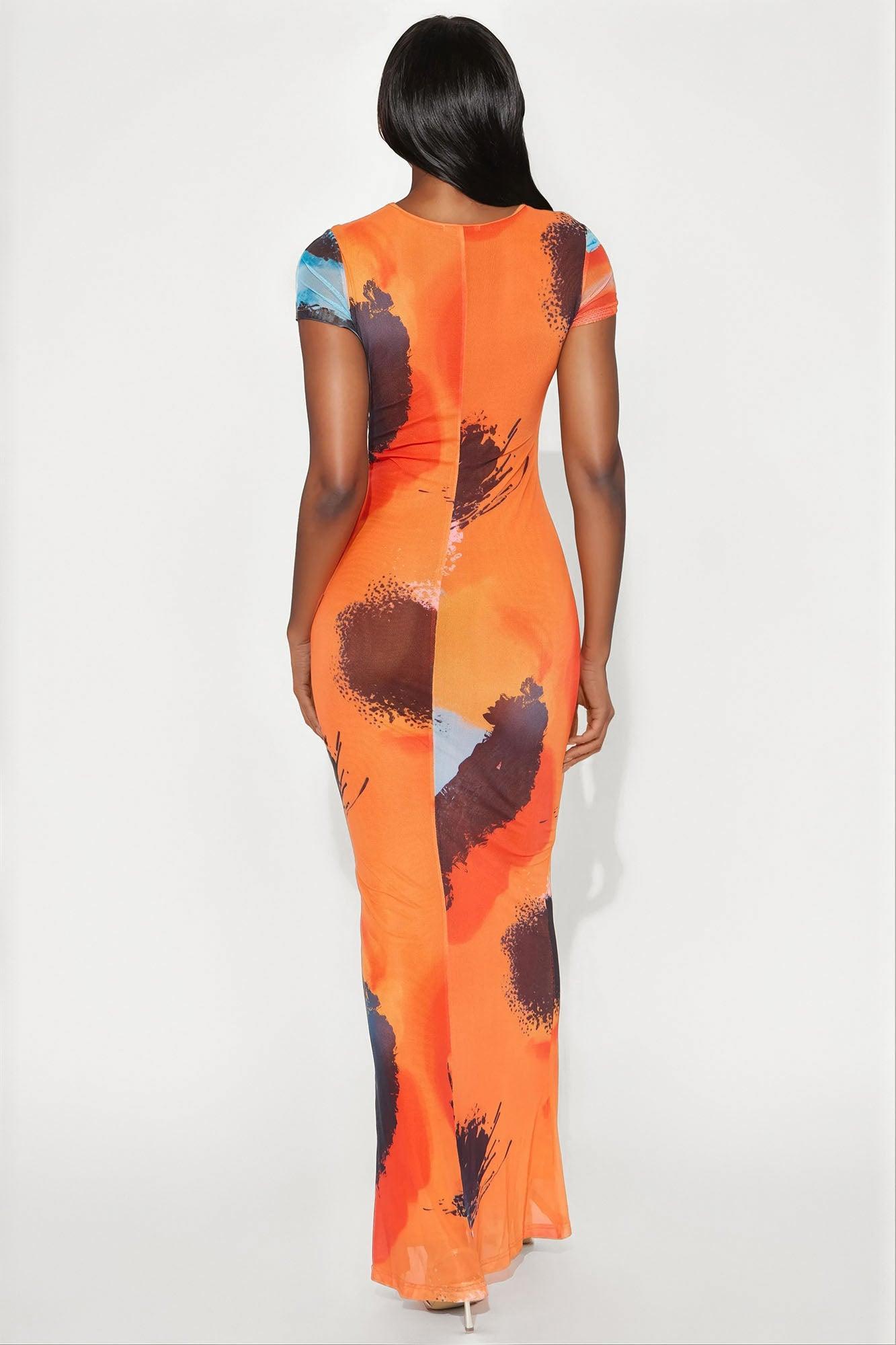 Leila Abstract Mesh Maxi Dress - Orange/combo Product Image