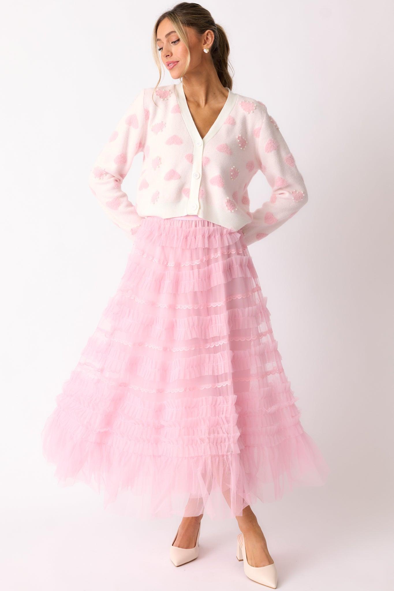 Sweetheart Stroll Light Pink & Ivory Pearl Cardigan Product Image