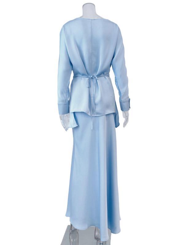 Loose Solid Color Split-Joint Boat Neck Long Sleeves Blouse & Shirt + Skirt Two Pieces Set Product Image