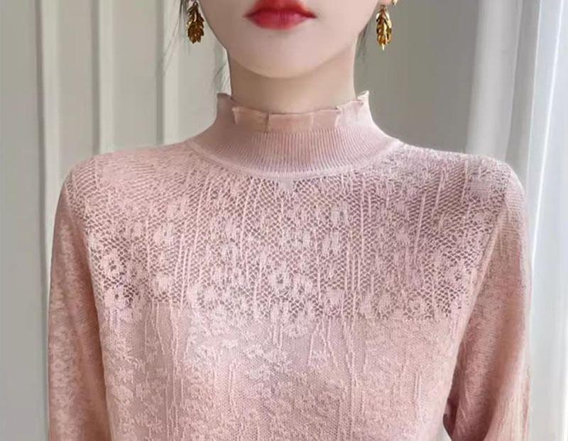 Long-Sleeve Mock Neck Floral Jacquard Frill Trim Sheer Knit Top Product Image
