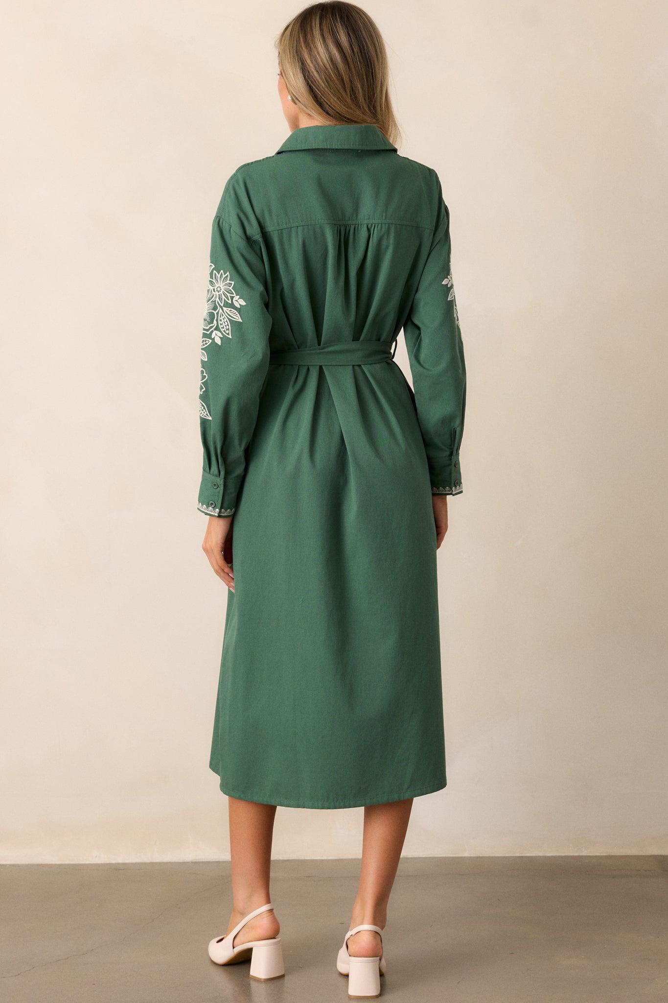 Leaves Of Tomorrow Cotton Forest Green Long Sleeve Midi Dress Product Image