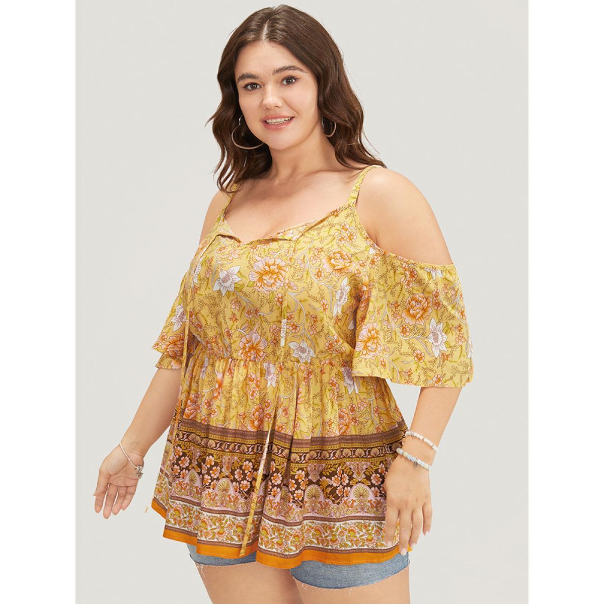 Plus Size Yellow Floral Print Tie Neck Keyhole Ruffles Cold Shoulder Blouse Women Elegant Short sleeve Cold Shoulder Dailywear Blouses BloomChic 10/M Product Image