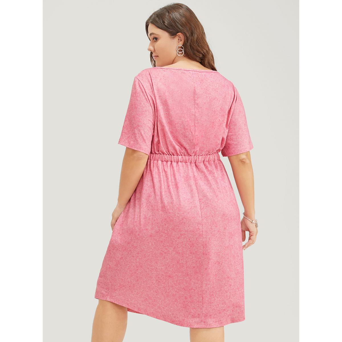 Plus Size Plain Round Neck Pocket Heather Drawstring Dress Watermelon Women Casual Heather Round Neck Short sleeve Curvy Midi Dress BloomChic 10/M Product Image