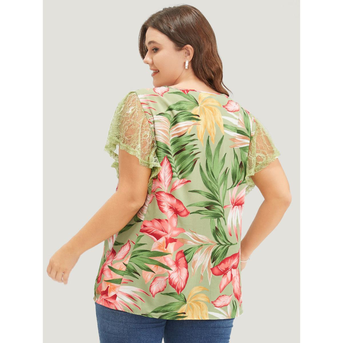 Plus Size Emerald Plant Print Mesh Ruffle Sleeve Blouse Women Elegant Short sleeve Round Neck Dailywear Blouses BloomChic 28/5X Product Image