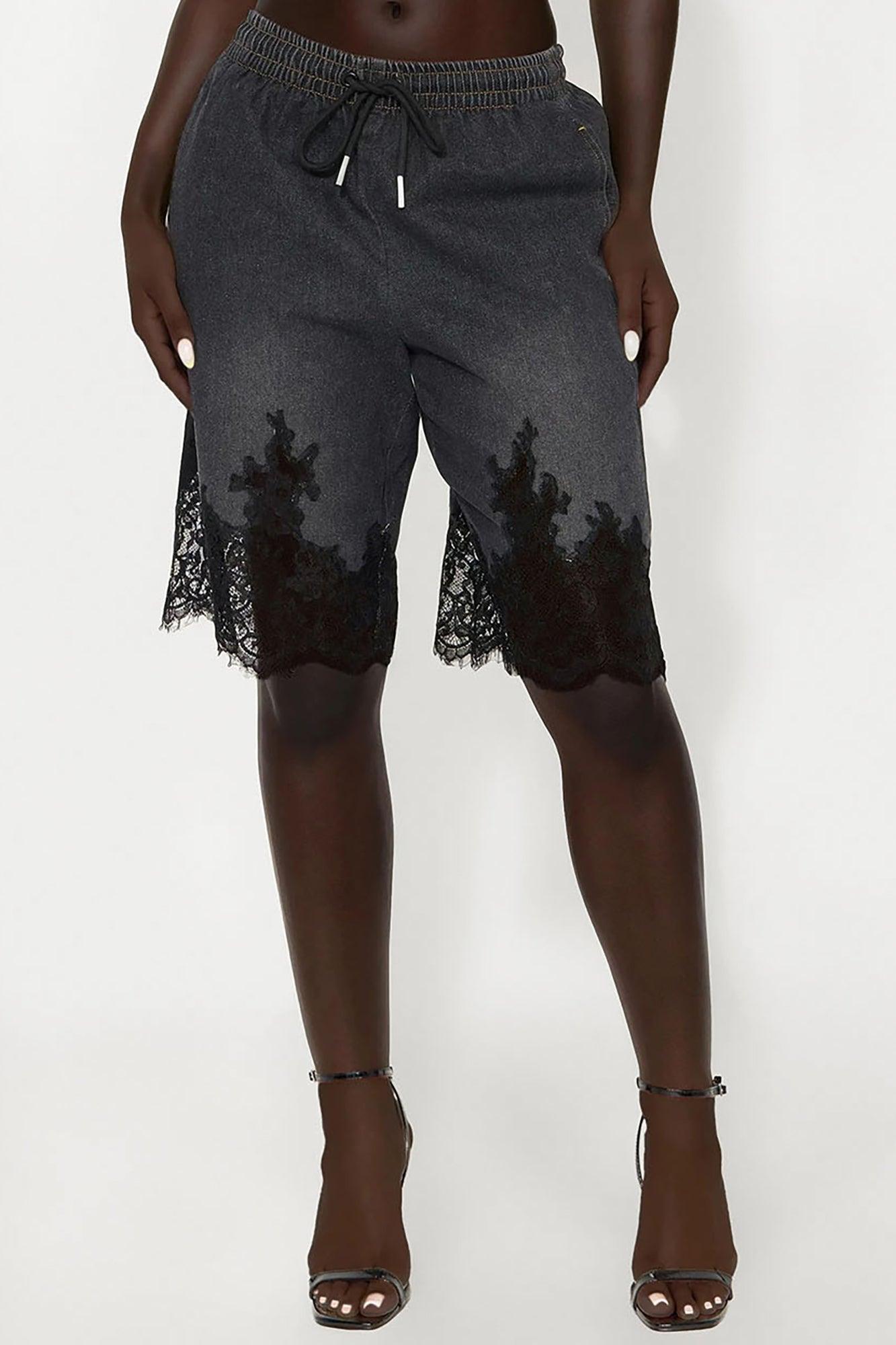 Making Things Happen Lace Trim Denim Jorts - Black Wash Product Image