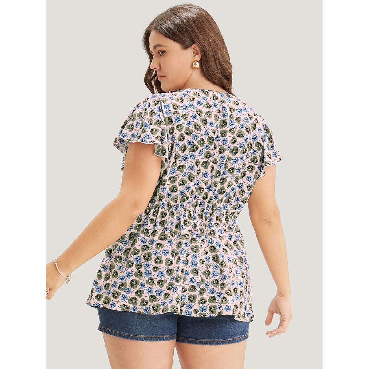 Plus Size MistyRose Ditsy Floral Cap Sleeve Ruffle Badydoll Blouse Women Elegant Cap Sleeve V-neck Dailywear Blouses BloomChic 18-20/2X Product Image