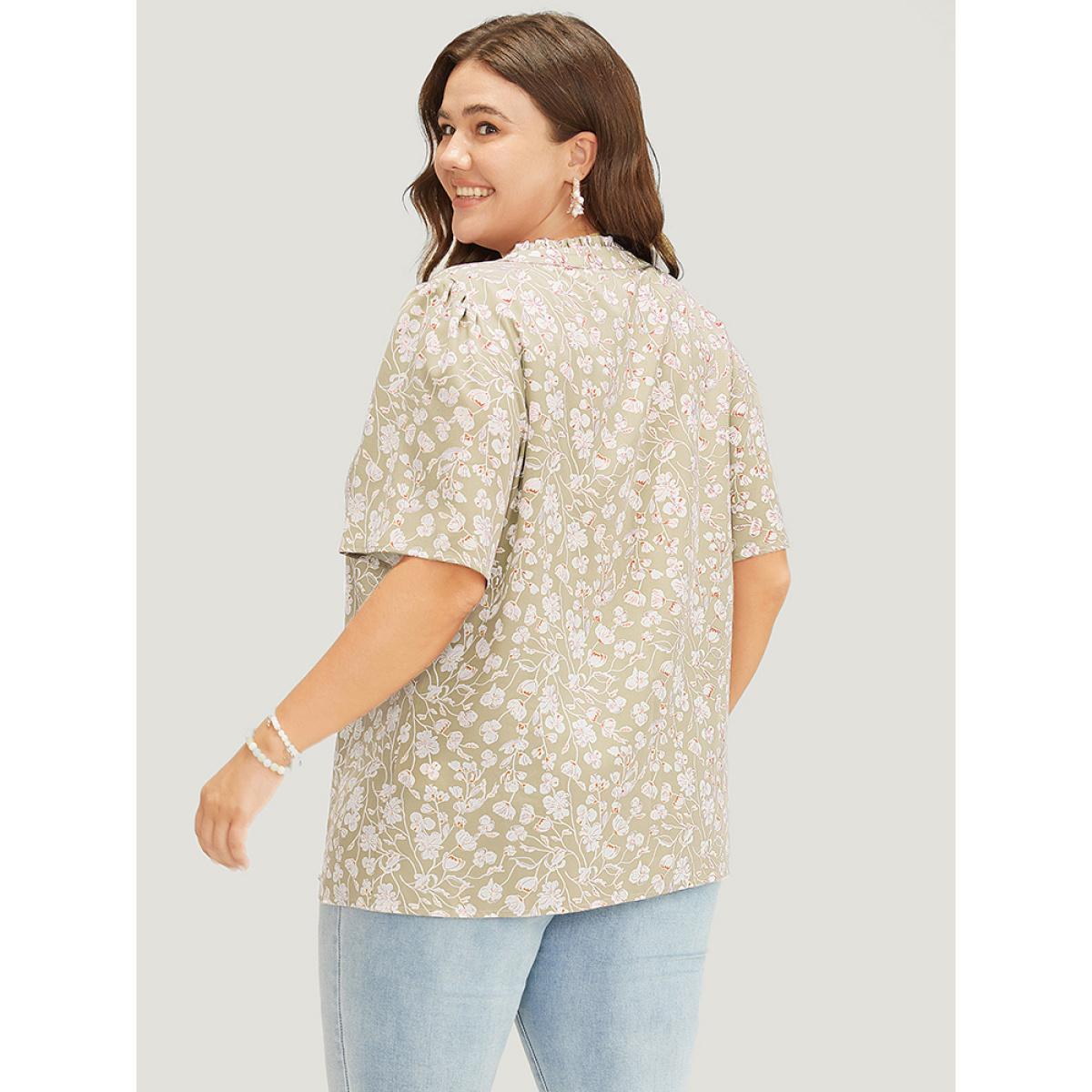 Plus Size Apricot Ditsy Floral Button Up Frill Trim Notched Blouse Women Elegant Short sleeve Notched collar Dailywear Blouses BloomChic 18-20/2X Product Image