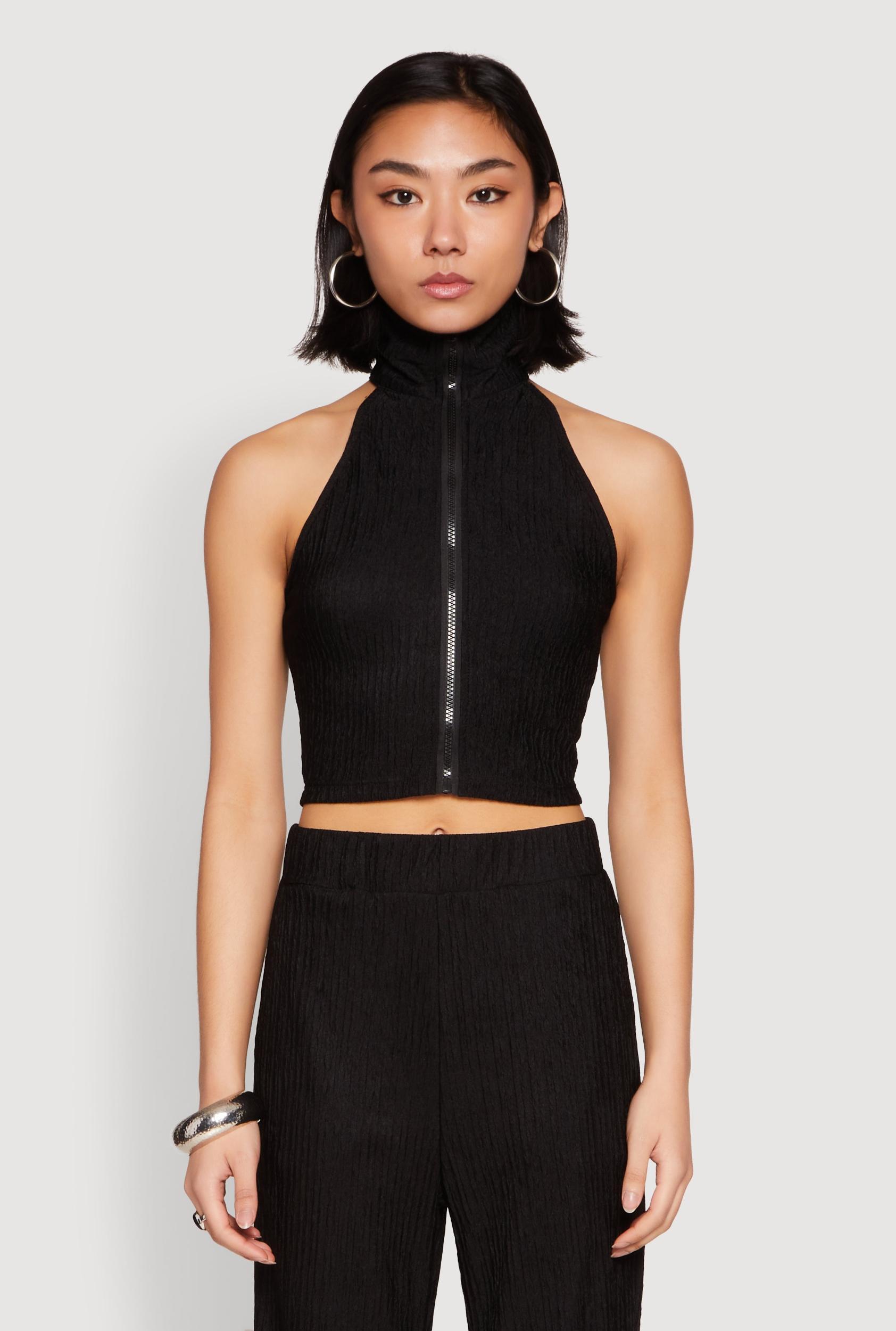 Womens Textured Knit Zip Neck Crop Top Product Image