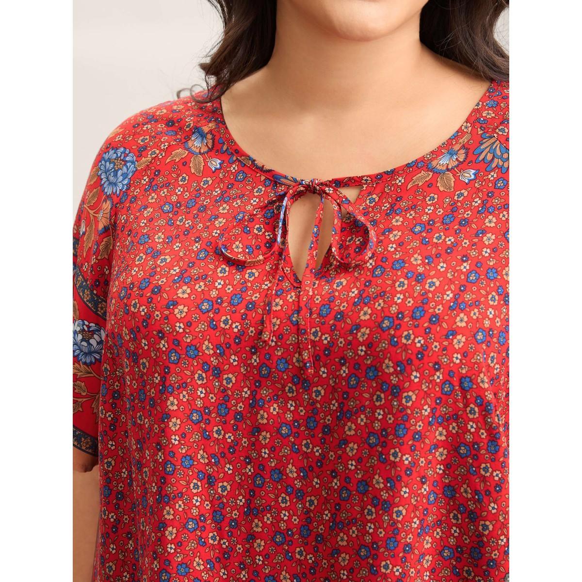 Plus Size Raspberry Floral Print Neck Tie Half Sleeve Blouse Women Resort Short sleeve Notched collar Vacation Blouses BloomChic 18-20/2X Product Image