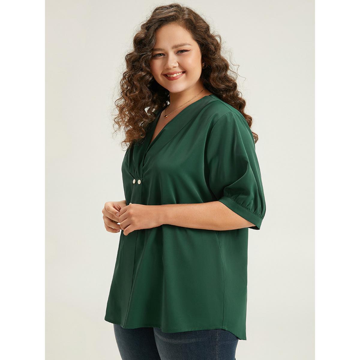 Plus Size DarkGreen Button Detail Plicated Detail Blouse Women Office Half Sleeve V-neck Work Blouses BloomChic 18-20/2X Product Image