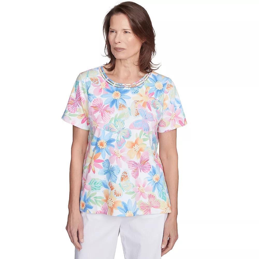 Petite Alfred Dunner Spring Butterfly Crew Neck Top, Women's, Size: XL Petite, Pink Team Product Image