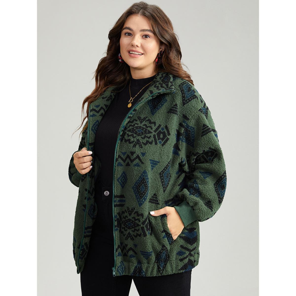 Plus Size Geometric Pocket Gathered Zipper Jacket Women Green Zipper Pocket Dailywear Jackets BloomChic 22-24/3X Product Image