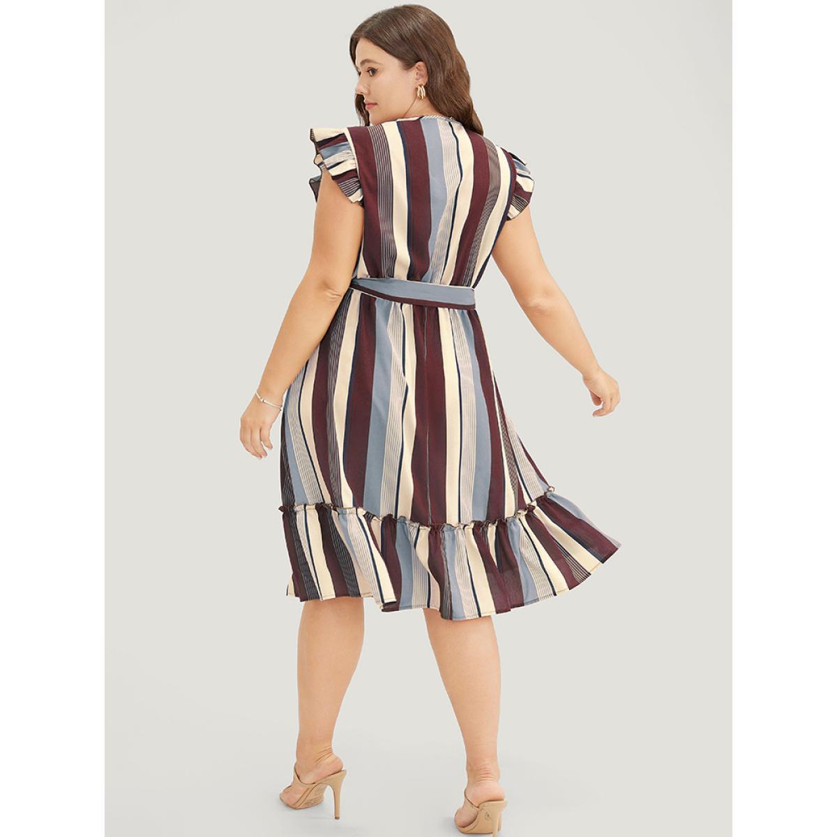 Plus Size Striped Contrast Cap Sleeve Belted Pocket Ruffle Hem Dress Burgundy Women Vacation Contrast V-neck Cap Sleeve Curvy Knee Dress BloomChic 26/4X Product Image
