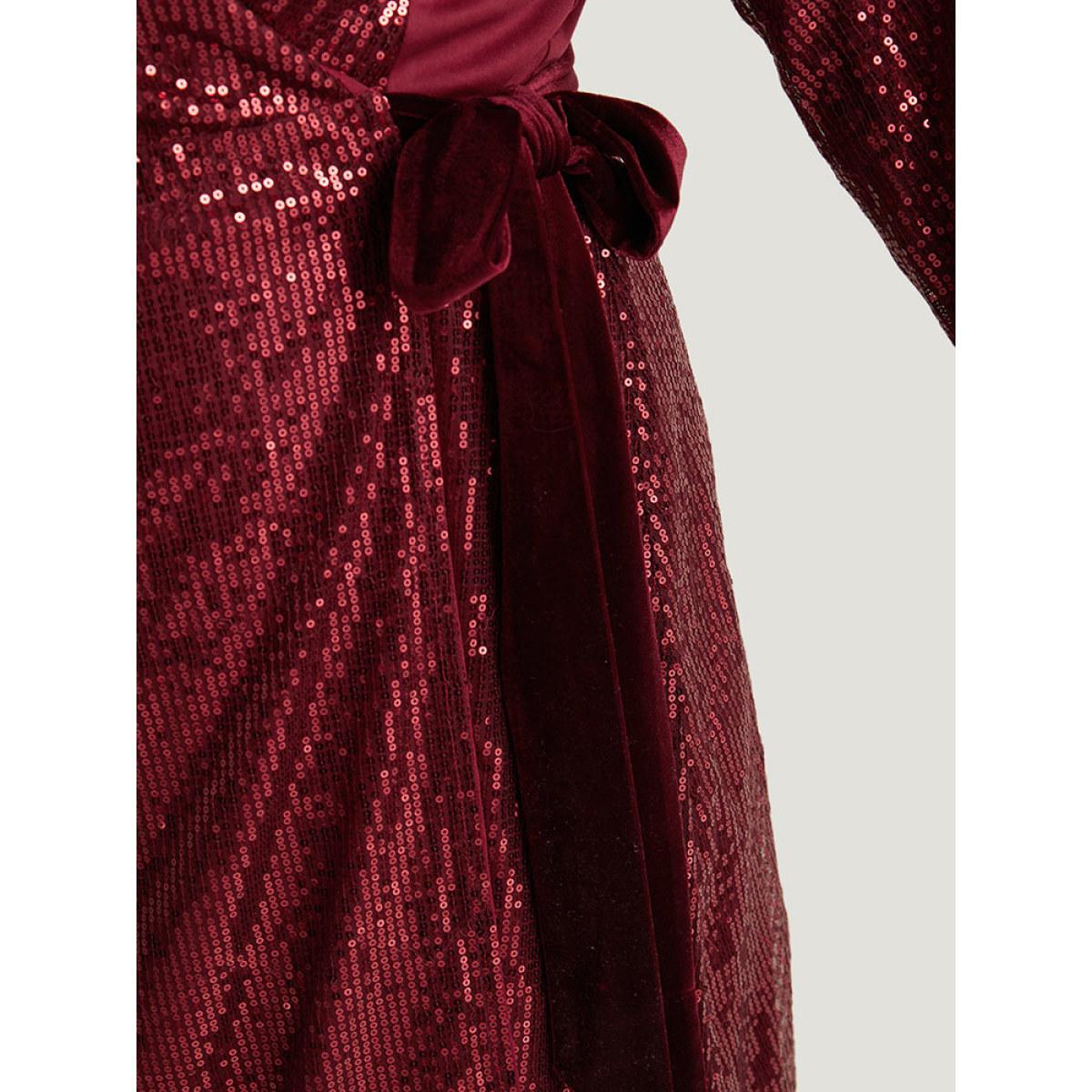 Plus Size Sequin Ties Side Surplice Neck Lantern Sleeve Dress Scarlet Women Cocktail Elastic cuffs V-neck Long Sleeve Curvy Knee Dress BloomChic 18-20/2X Product Image