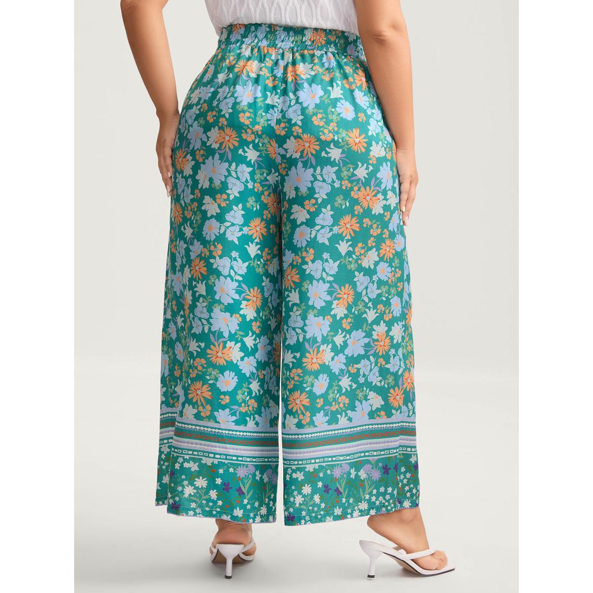Plus Size Breezy Floral Print Wide-Leg Pants Women Turquoise Elegant Wide Leg Mid Rise Everyday-Elegant Pants BloomChic 30/6X Product Image
