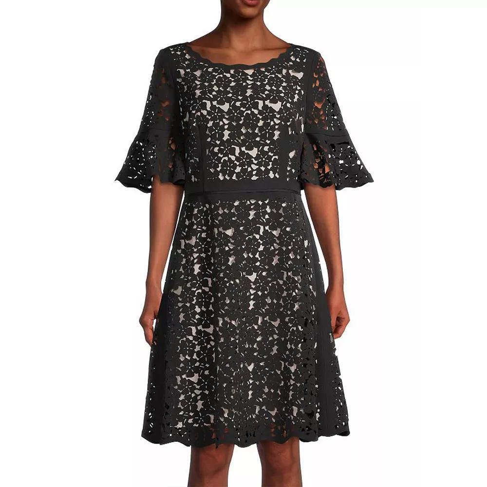Women's Focus By Shani Fit & Flare Laser Cut Ruffle Sleeve Dress, Size: 14, Black Product Image