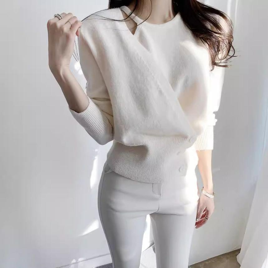 Long Sleeve Crew Neck Plain Button Up Crop Knit Top Product Image