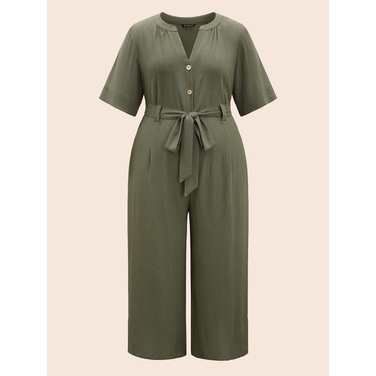 Plus Size Olive Cotton Linen Button Up Belted Jumpsuit Women Elegant Half Sleeve Flat collar with V-notch Everyday Loose Jumpsuits BloomChic 28/5X Product Image