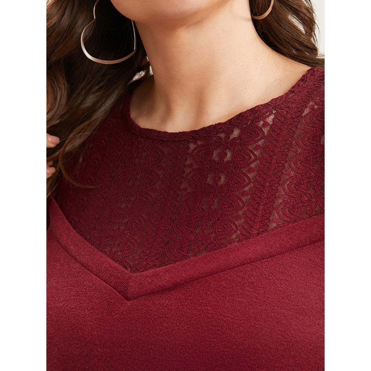 Plus Size Solid Lace Mesh Cold Shoulder Sweatshirt Women Burgundy Elegant See through Round Neck Dailywear Sweatshirts BloomChic 30/6X Product Image