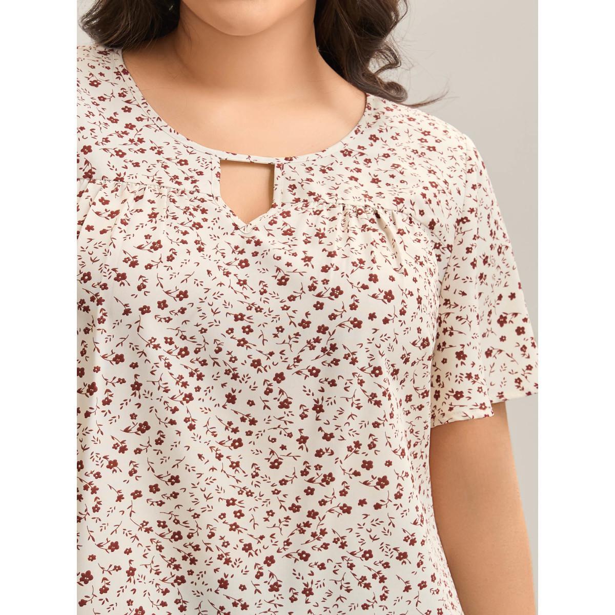 Plus Size Beige Ditsy Floral Print Lotus Leaf Sleeve Shirt Women Elegant Short sleeve Round Neck Everyday Blouses BloomChic 30/6X Product Image