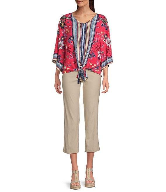Ali Miles Floral Print V-Neck 3/4 Sleeve Front Tie Tunic Product Image
