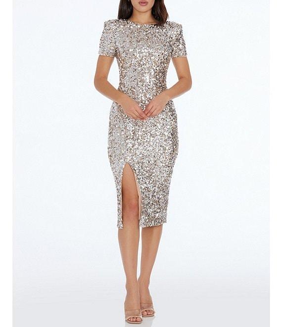 Dress the Population Sequin Boat Neck Short Sleeve Side Slit Dress Product Image