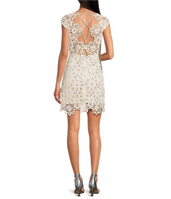 ASTR the Label Priscila Floral Crochet Sequin Crew Neck Sleeveless Scallop Hem Sheath Dress Product Image