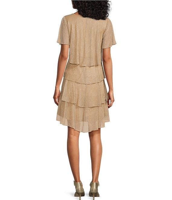 Ignite Evenings Shimmer Tiered Ruffle V-Neck Embellishment Short Flutter Sleeve Shift Dress Product Image