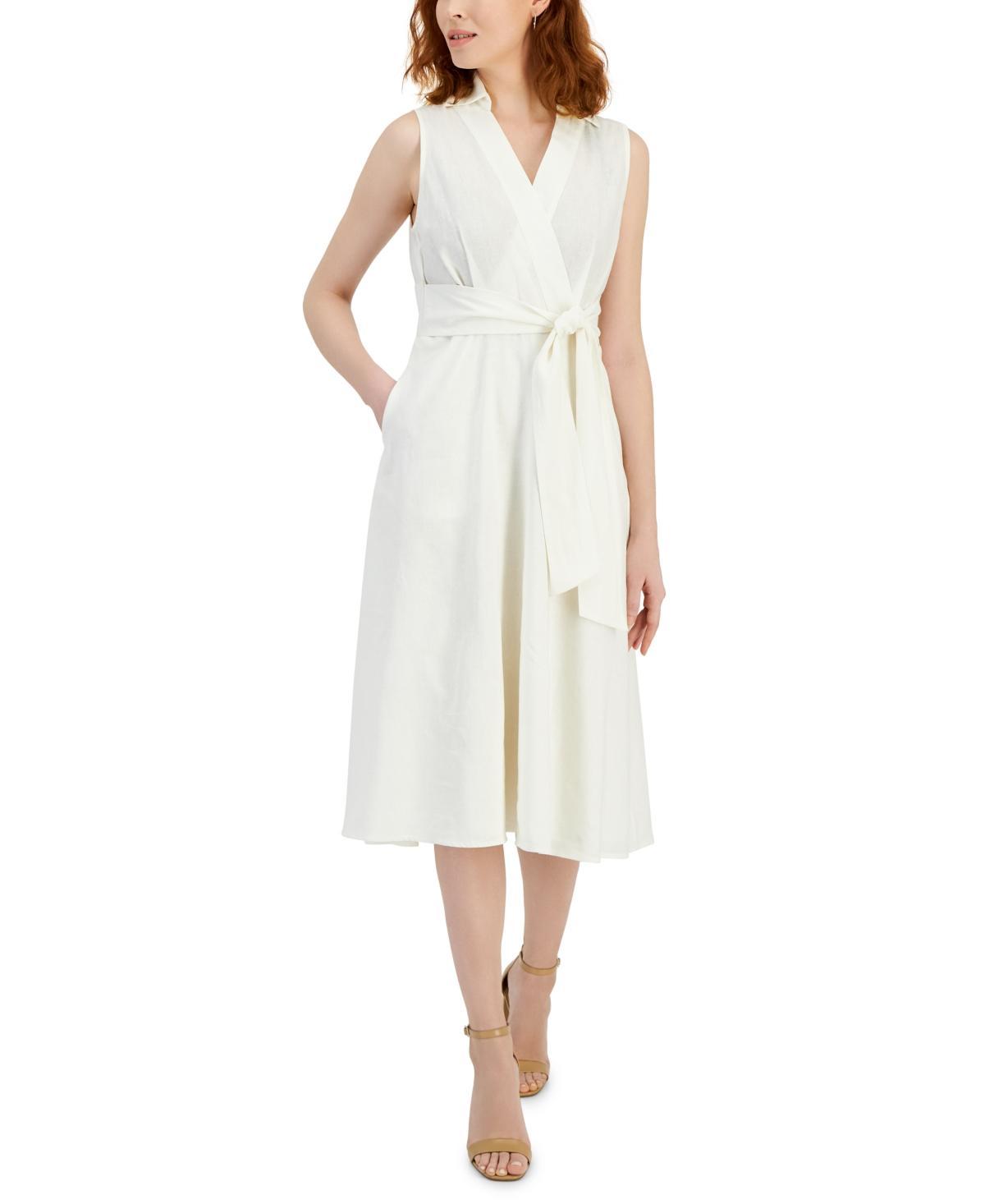 Tahari Asl Womens Faux-Wrap Linen Midi Dress Product Image