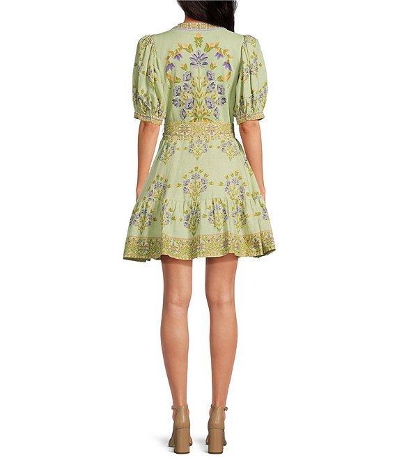 A Loves A Floral Woven Linen Round Neck Short Bubble Sleeve Button Front Tie at Waist A-Line Flounce Mini Dress Product Image