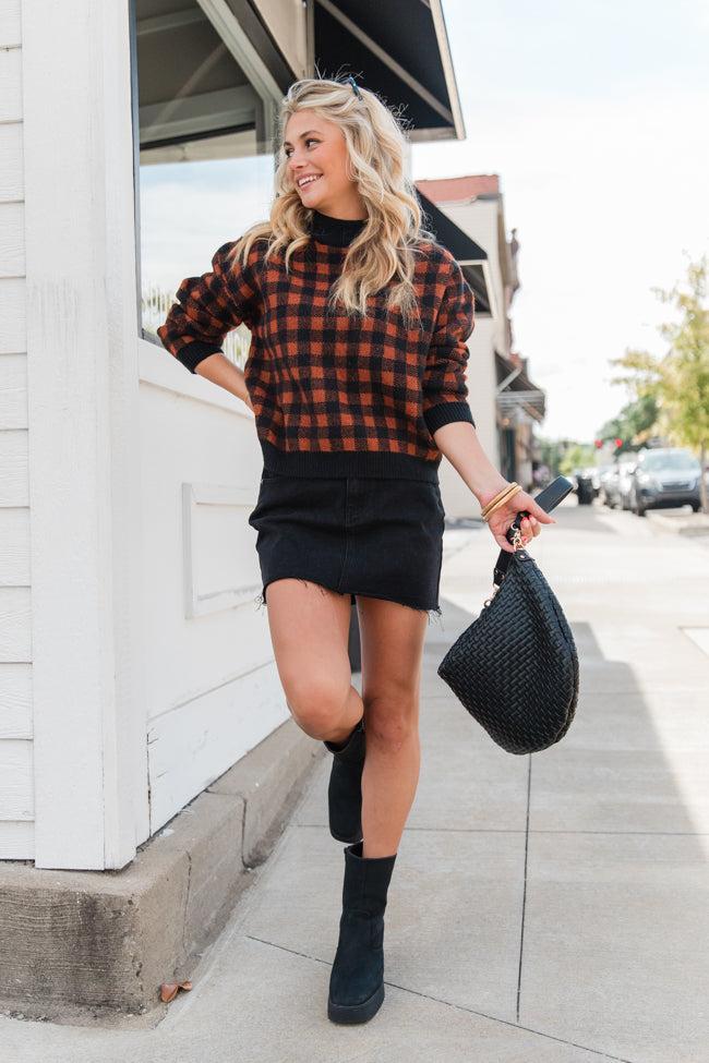 Plaid Pursuit Black and Camel Mock Neck Sweater FINAL SALE Product Image