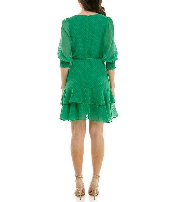 Moda Tara Smocked 3/4 Sleeve V-Neck Wrap Dress Product Image