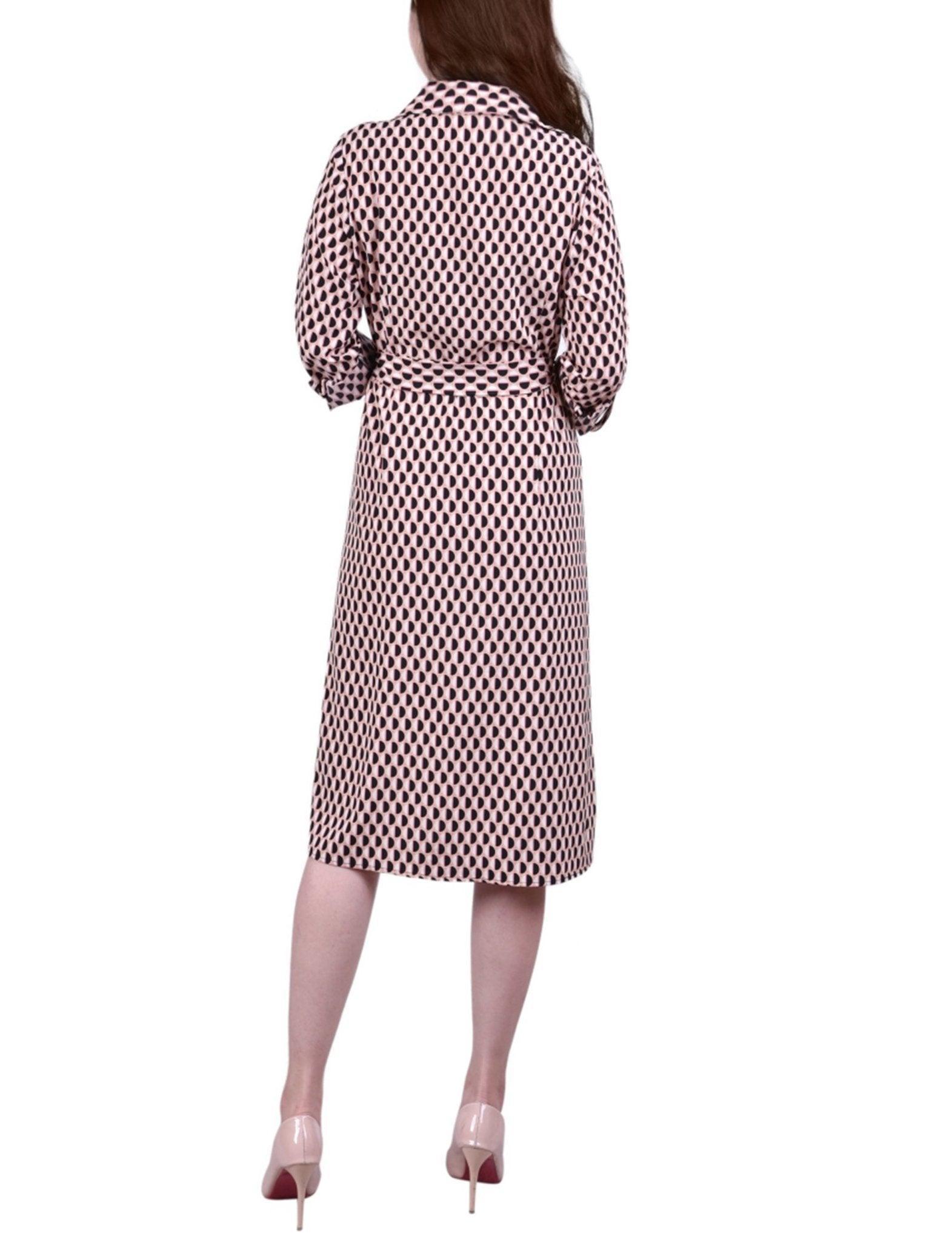 Peach Amber Geo 3/4 Roll Tab Sleeve Belted Shirtdress - Petite Product Image