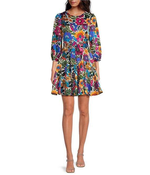 Sugarlips Santa Elena Floral Print Crew Neck Long Balloon Sleeve Mini Dress Product Image
