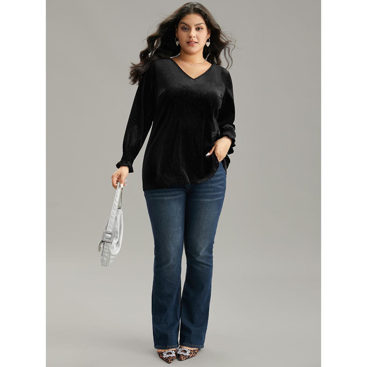 Plus Size Black Solid Velvet Glitter Shirred Ruffles Blouse Women Glamour Long Sleeve V-neck Going out Blouses BloomChic 18-20/2X Product Image