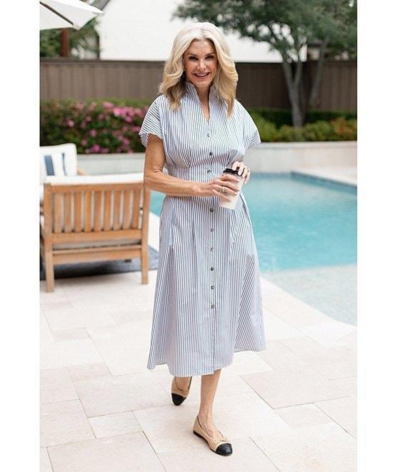 Ming Wang x Tanya Foster Cotton Pinstripe Stand Collar Short Sleeve Fit-And-Flare Dress Product Image