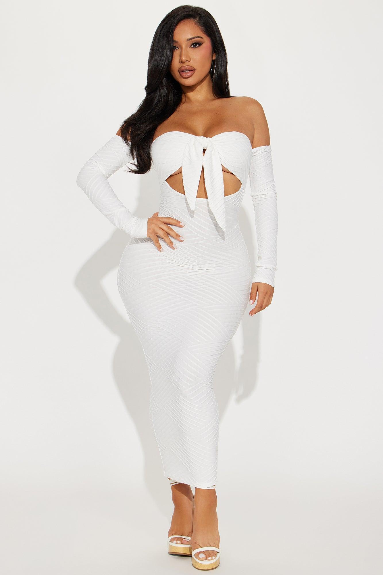 Bombshell Textured Midi Dress - White Product Image