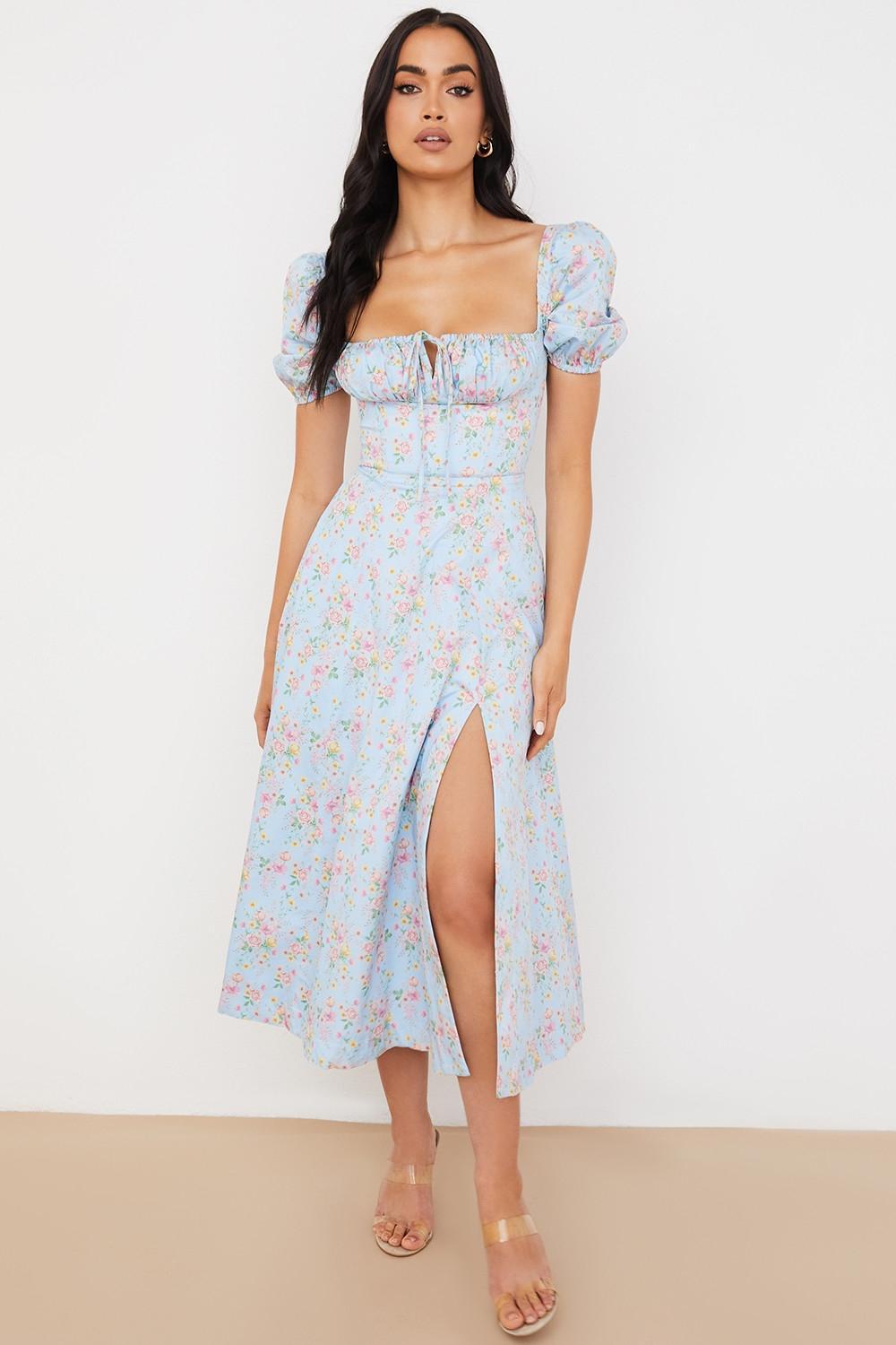 Tallulah Blue Vintage Floral Puff Sleeve Midi Dress Product Image