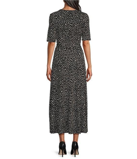 Preston & York Sydney Antelope Print Knit V-Neck Short Sleeve Tie Waist Faux Wrap Midi Dress Product Image