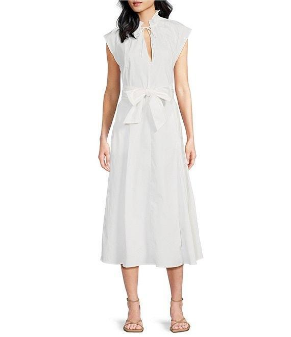 ELAN Woven Stand Collar Neck Cap Sleeve Belted Ruffle A-Line Dress Product Image