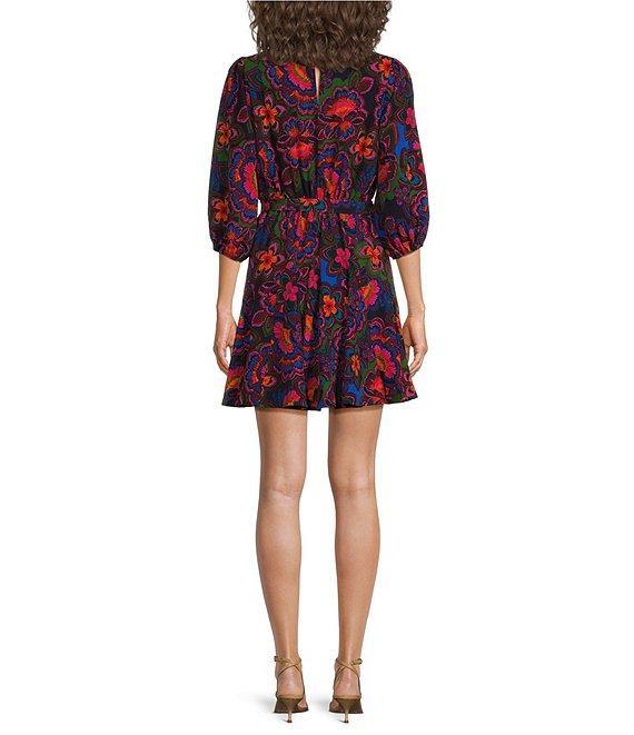 Sugarlips Floral Print Crew Neck Long Sleeve Waist Tie Mini Dress Product Image
