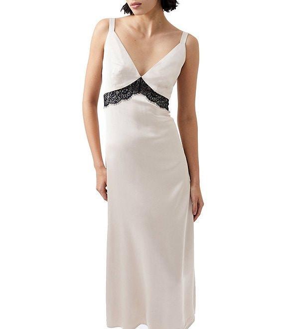 French Connection Ennis Satin V-Neck Sleeveless Lace Midi Dress Product Image
