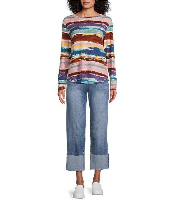 Westbound Petite Size Zephyr Mocha Vintage Stripe Long Sleeve Crew Neck Knit Tee Product Image