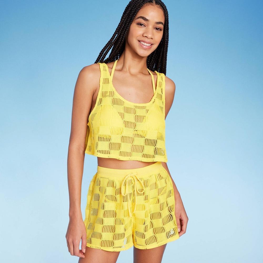 Womens Open Weave Crochet Cover Up Shorts - Wild Fable Yellow XL Product Image