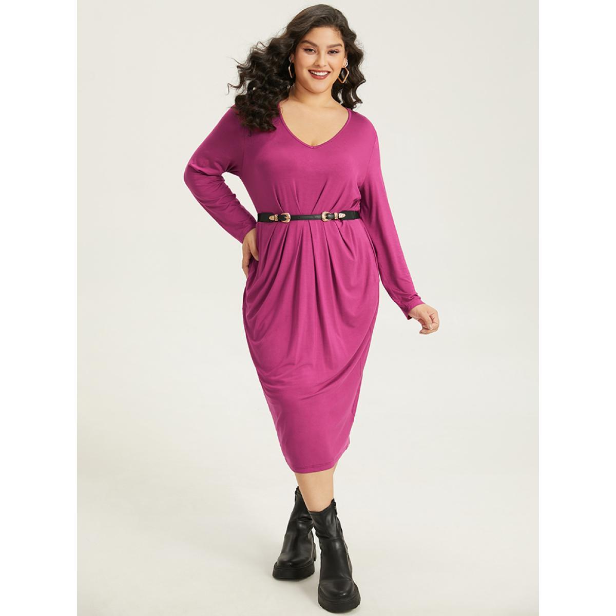 Plus Size Solid Pocket V Neck Plicated Detail Dress RedViolet Women Casual Plain V-neck Long Sleeve Curvy Midi Dress BloomChic 26/4X Product Image